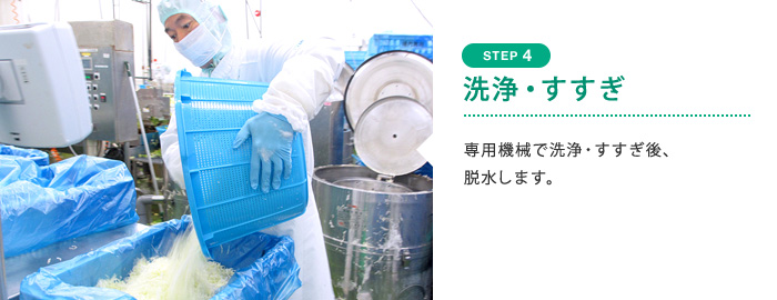 STEP4 洗浄・すすぎ　専用機械で洗浄・すすぎ後、脱水します。